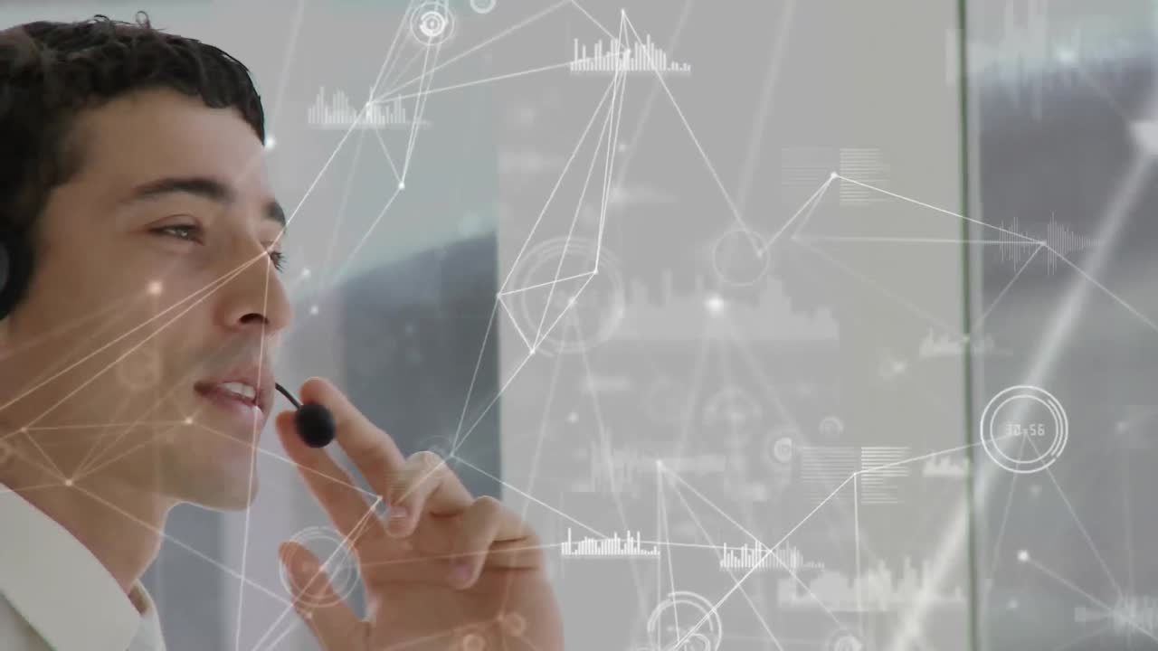 전화 헤드 ⁇ 을 사용하는 사업가에 대한 연결 네트워크의 애니메이션