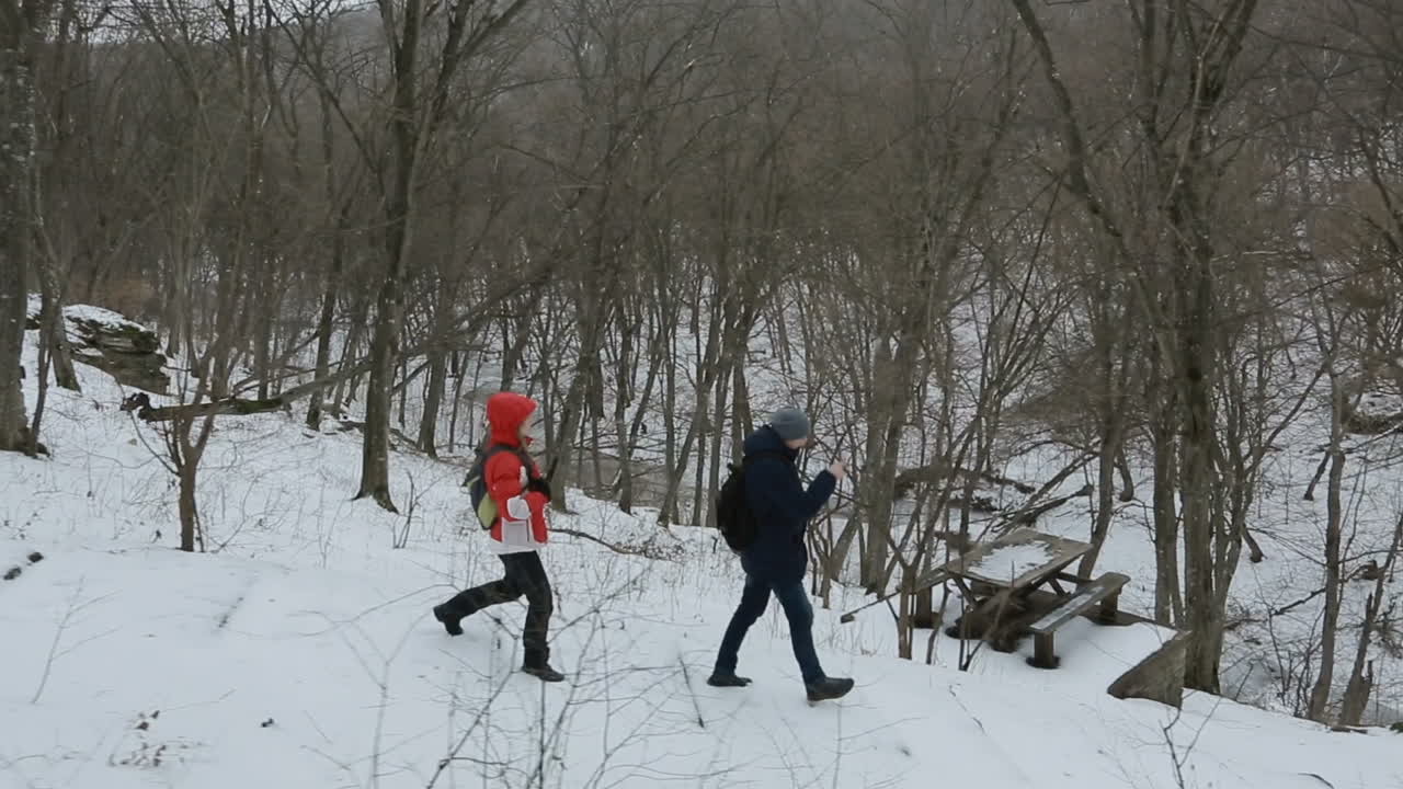 Young couple walking with backpacks in winter forest