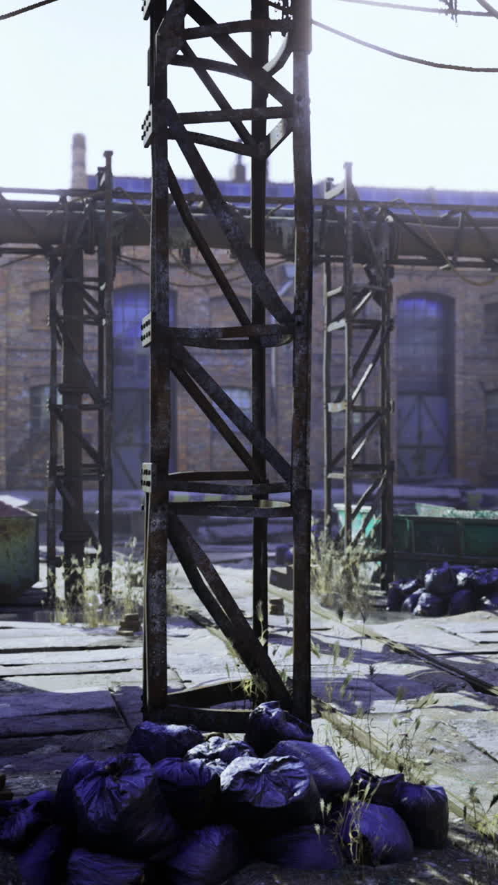 Urban exploration of a forgotten factory complex under bright sunlight