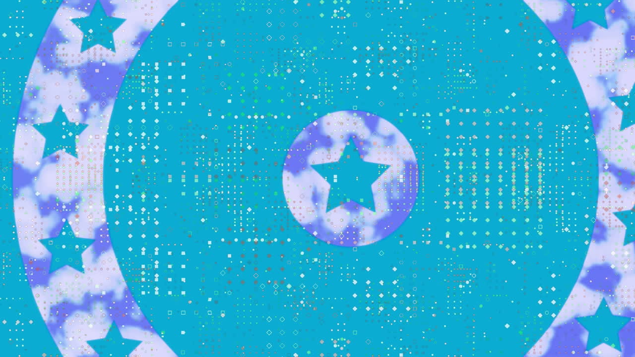 파란색 배경에 회전하는 원 위의 별 위의 점 패턴 디자인의 디지털 애니메이션