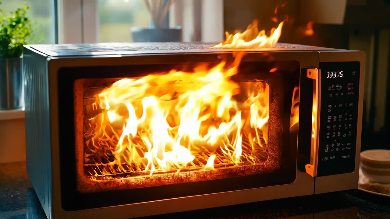 카운터 위 에 있는 불 을 가지고 있는 마이크로파 오븐