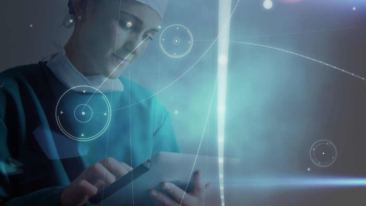 animación de la red de conexiones a través de una cirujana caucásica que usa una tableta