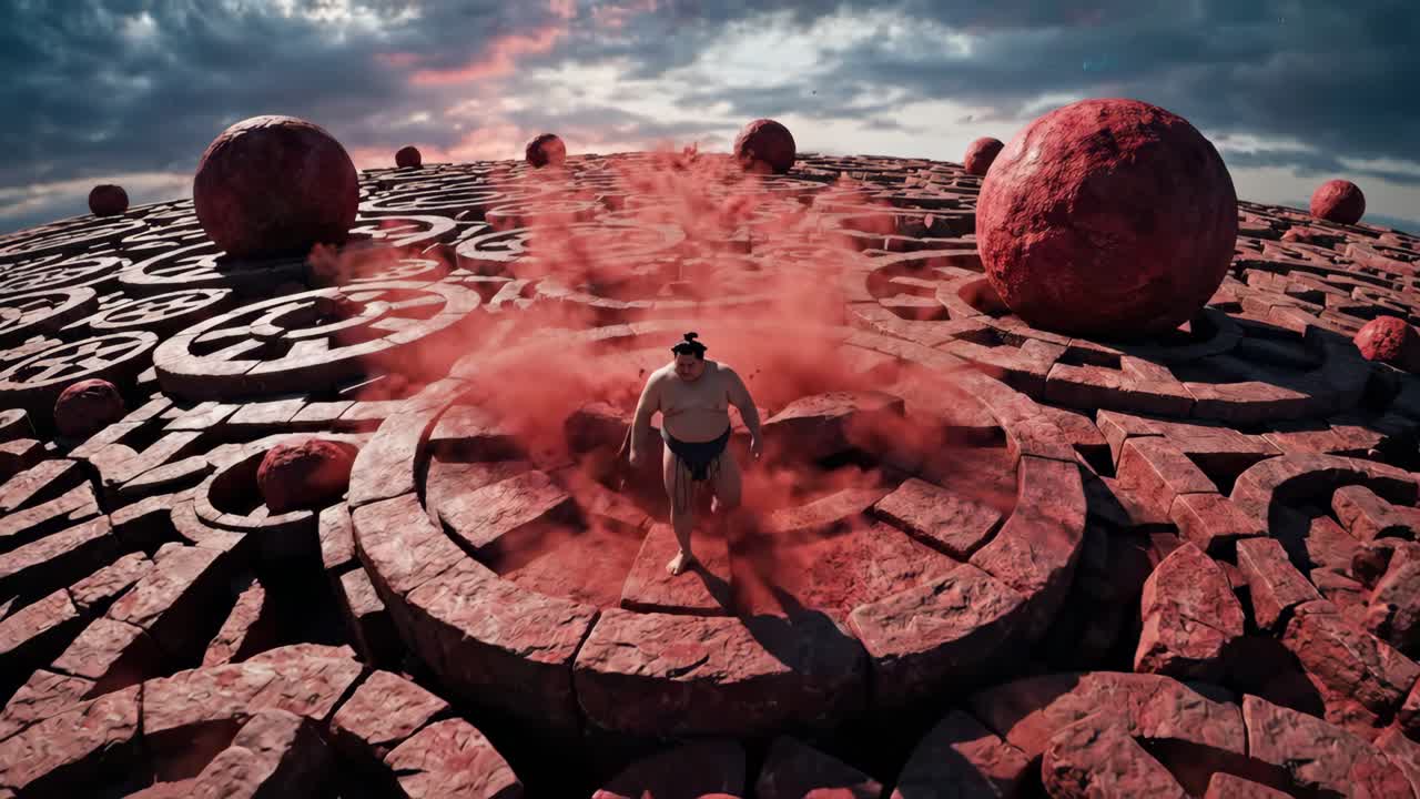 Sumobryter omgitt av rød røyk i en fantasiverden