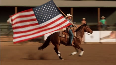 horse rider carrying american flag in rodeo