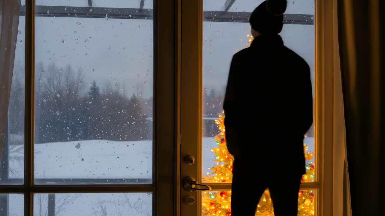 Stepping winter-coated man activating Christmas tree lights at patio doors, celebrating holidays