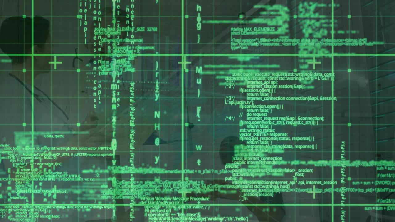 animación del procesamiento de datos en pantalla digital sobre diversos médicos femeninos y masculinos con pacientes