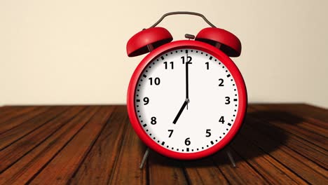 reloj de alarma rojo retro con dos campanas en la parte superior, sonando a las siete