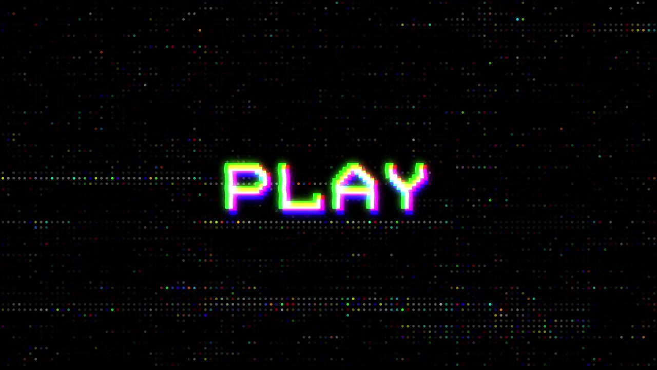 Retro Pixelated 'PLAY' Text with Glitch and Static Effects