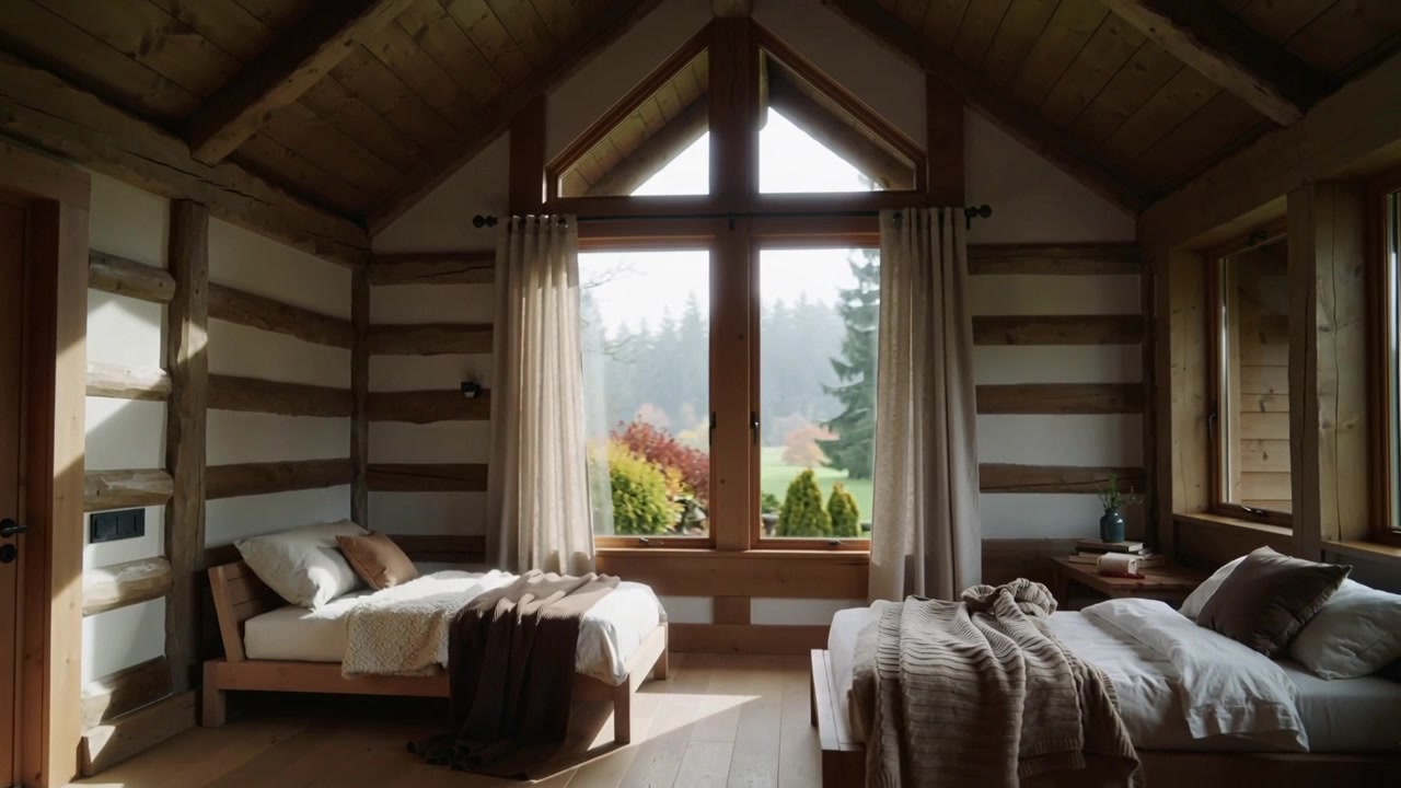 Telecamera che effettua una panoramica rivelando un'accogliente camera da letto in legno in una baita, con due letti al centro e una vista nebbiosa dalla finestra