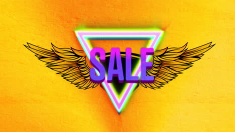 animation of purple sale text on neon triangles over vintage wings pattern on yellow background