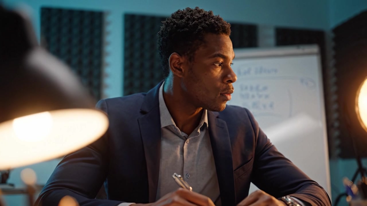 Professional Man Deep in Thought as He Writes with a Pen, Surrounded by Soft Lighting and Modern Workspace, Portraying Focus, Introspection, and Dedication