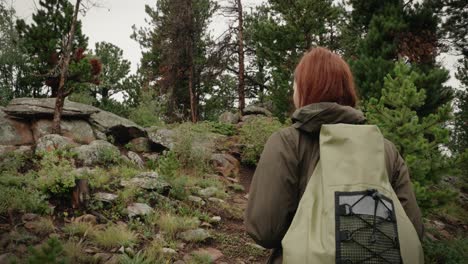 a girl backpacker hikes through a green forest