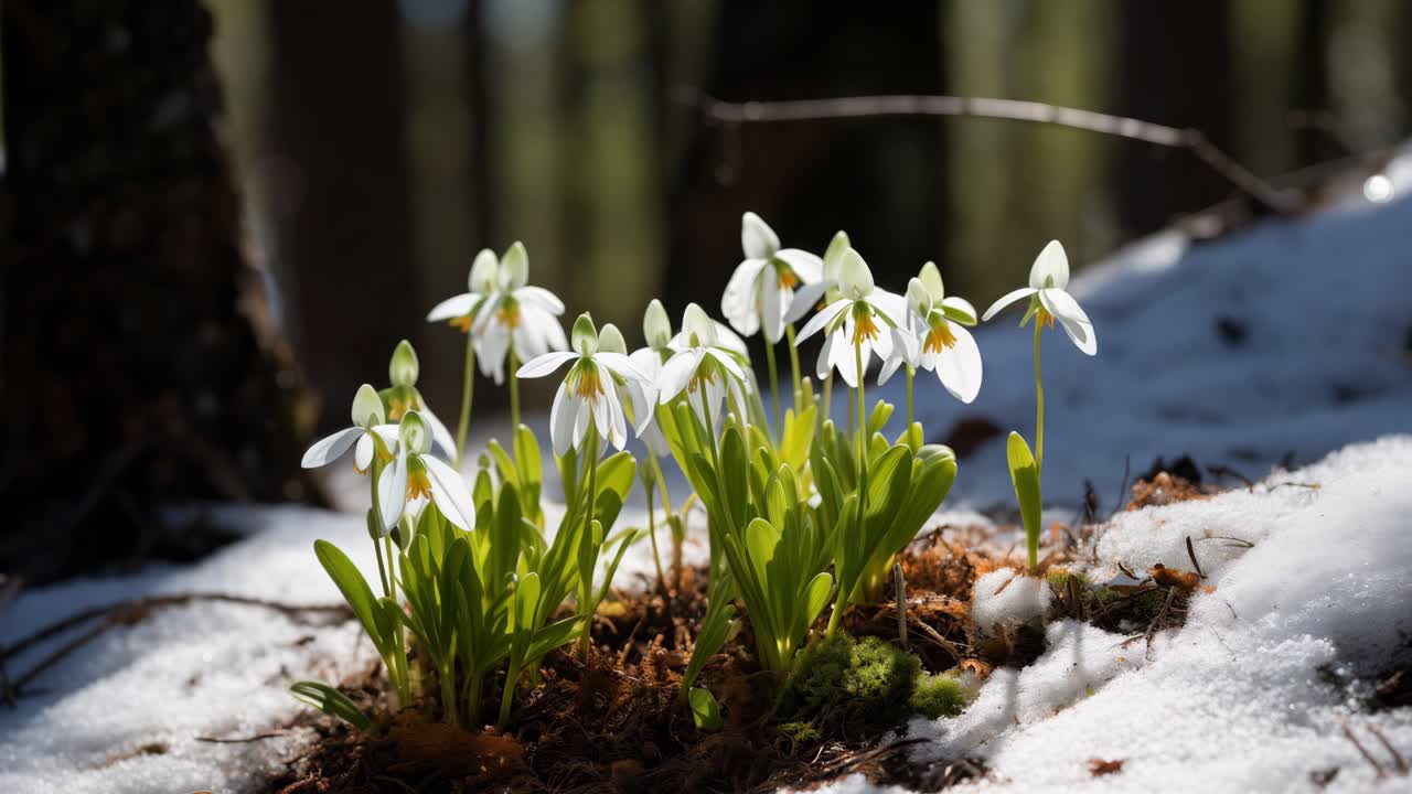 Beautiful white spring snowflake flowers emerge from the melting snow in a forest, a sign of the changing seasons and the arrival of spring