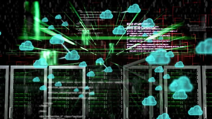 Animation of cloud icons, data processing and connections over computer servers