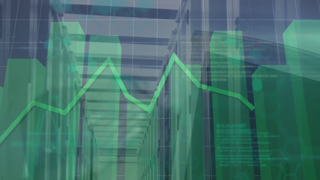 animación de la tabla de negociación digital y gráficos de barra verde sobre la sala del servidor