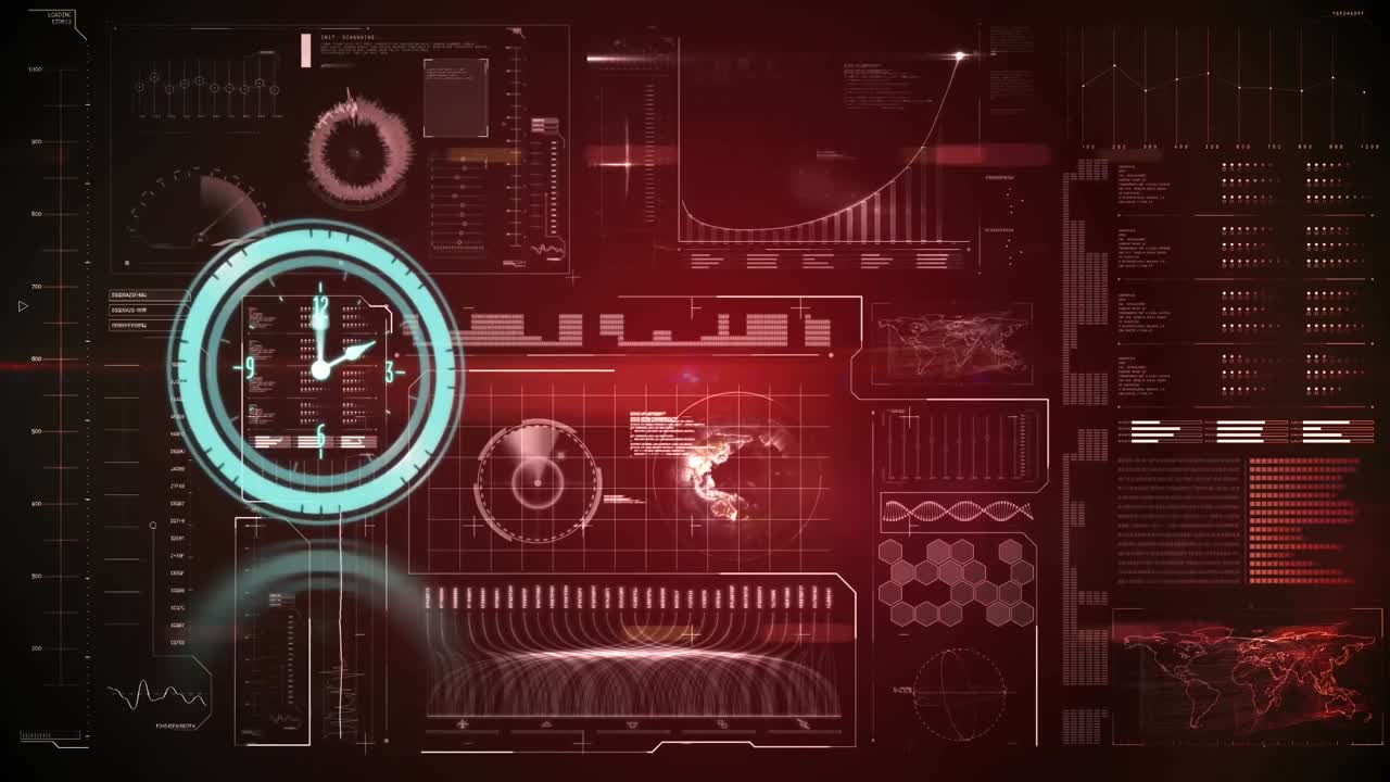 animación del reloj y el procesamiento de datos sobre fondo rojo