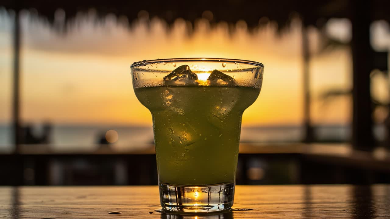 A Refreshing Cocktail at Sunset: Capturing the Vibrant Colors and Refreshing Essence of a Beverage Against a Glowing Evening Sky