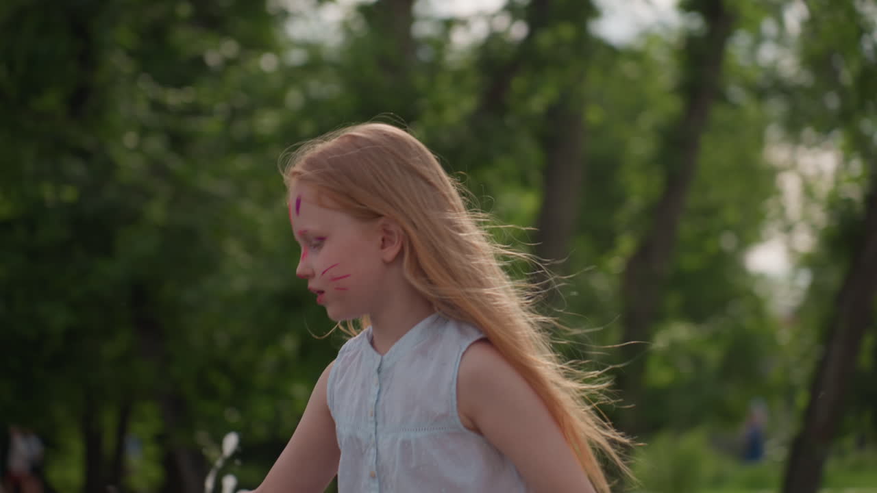 long haired girl with cat painted face walks to water splash fountain to play with excitement on face, green foliage background with tall trees, summer park atmosphere and joyful motion