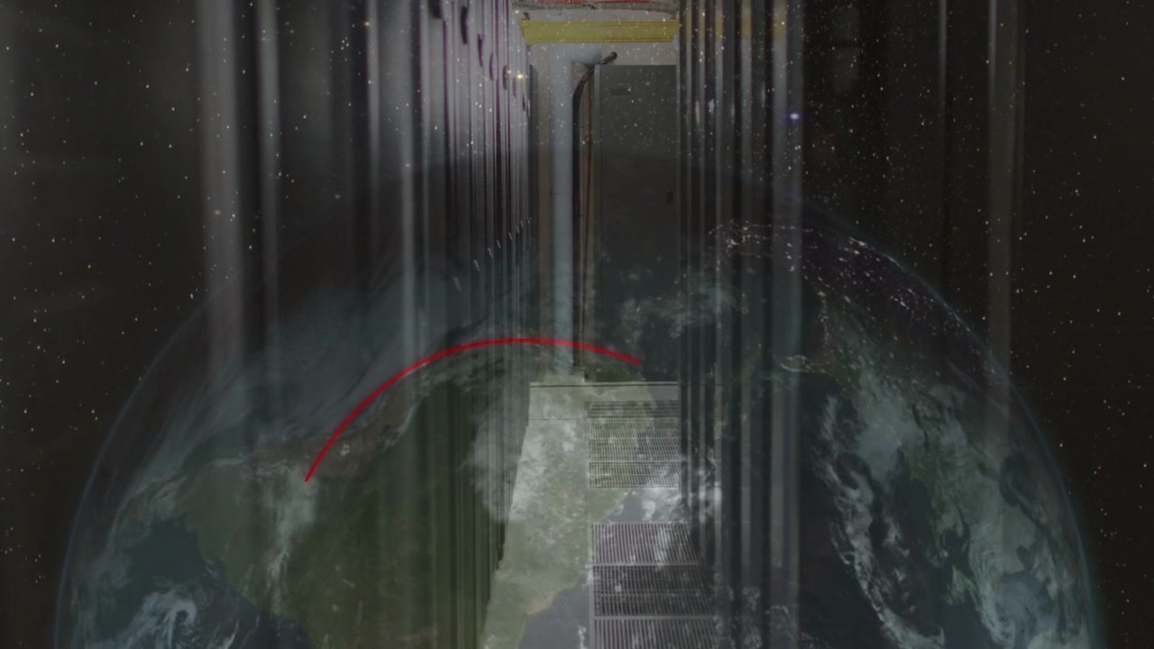 Red arc appearing and sweeping globe, brightening central corridor and revealing technology path