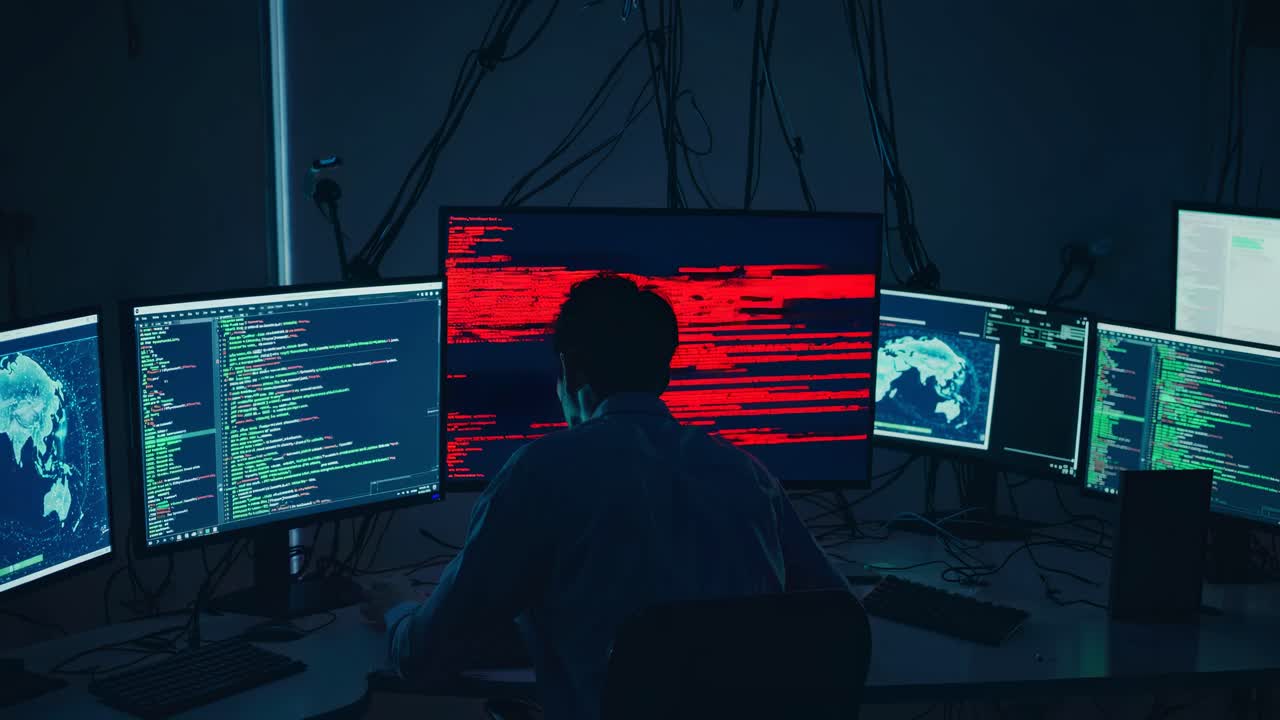 A dark, moody video scene showing a person from behind, surrounded by multiple computer screens