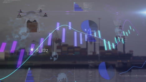 Animación-Del-Procesamiento-De-Datos-Financieros-Sobre-El-Puerto-Marítimo-Y-La-Caja-De-Transporte-De-Drones