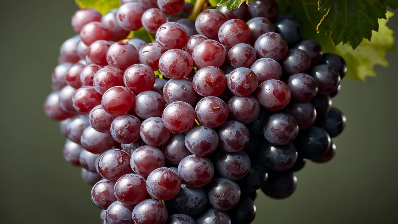 Moving camera revealing rotating purple grape cluster and leaves in vineyard, highlighting droplets