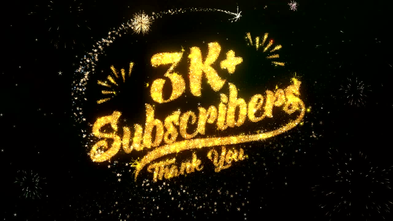 3k 가입자 인사 및 소원 카드는 반이는 입자 및 반이는 빛이 어두운 밤 하늘과 다채로운 불꽃놀이 4k 배경으로 만들어집니다.