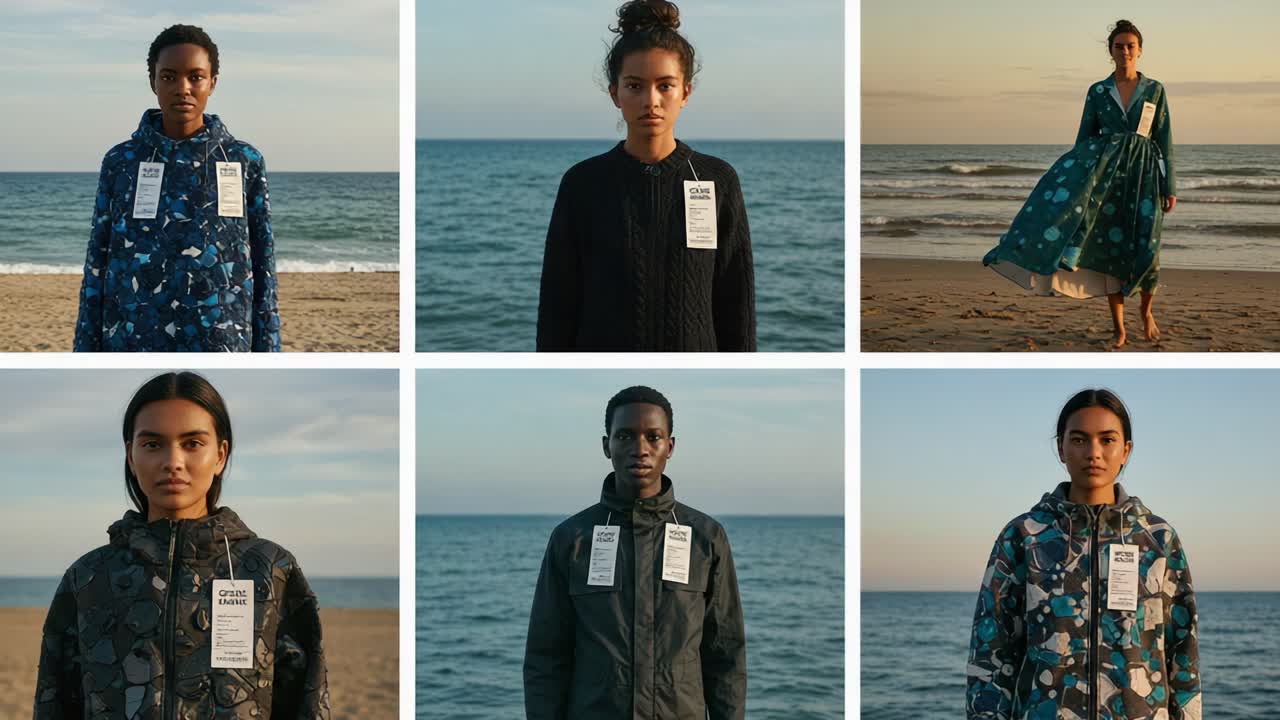 A captivating display of diverse fashion styles against the backdrop of serene ocean vistas, showcasing unique designs and striking models in vibrant, textured attire