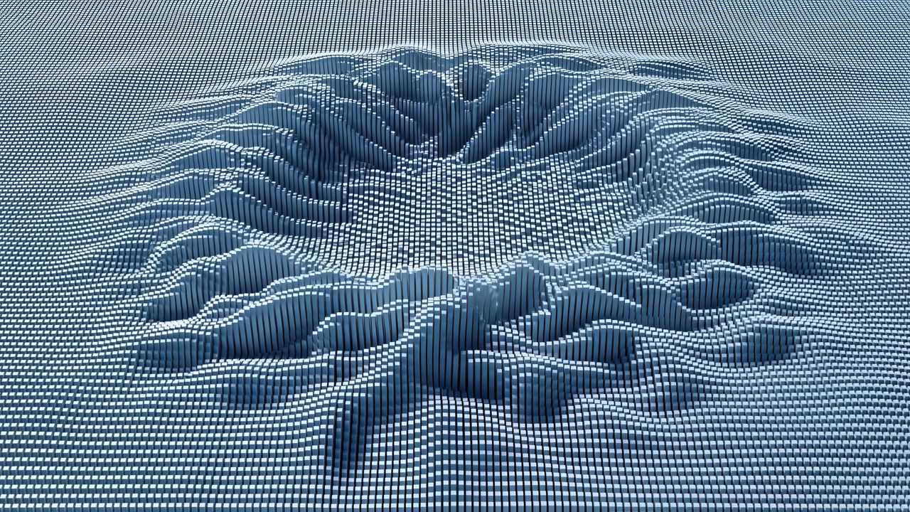 Blue Pixel Crater On Grid, Generative Simulation Sculpting Virtual Terrain With Rising Cube Ripple, Moody Cyan