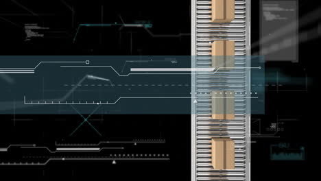 boxes on conveyor belt with data processing animation over black background