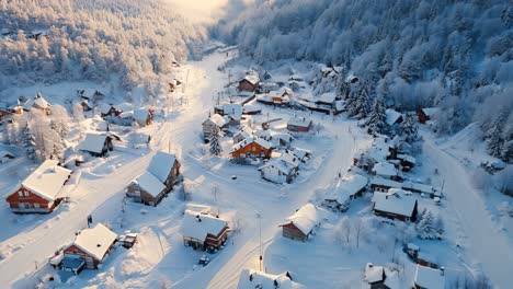 snowy mountain village aerial view