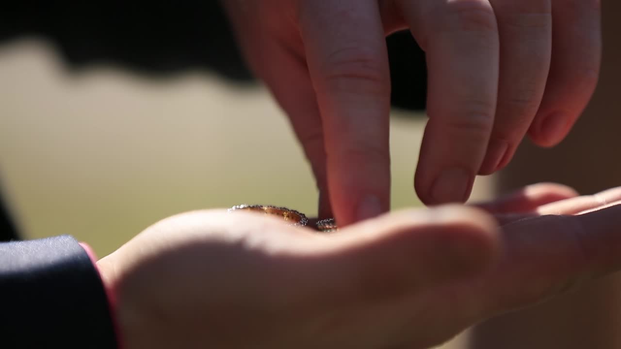 The groom holds gold wedding rings on the palm. Wedding concept.