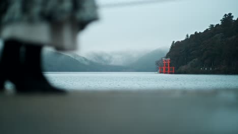 Misty Japanese Lake Scenery with Torii Gate