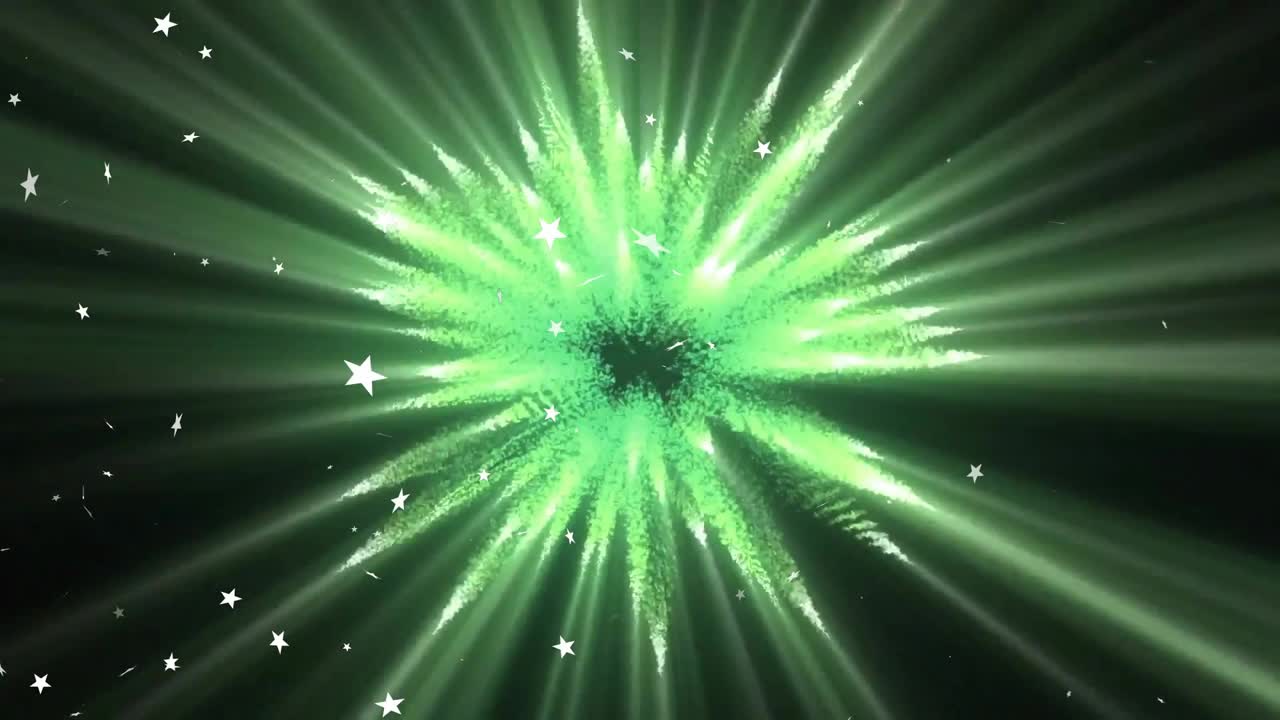 Dark void bright core initiating radial beams, shifting hue from blue to orange and drifting stars