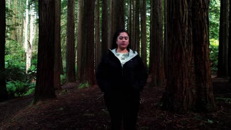 niña explorando con asombro el bosque de secuoyas de california, el dron la sigue al revés