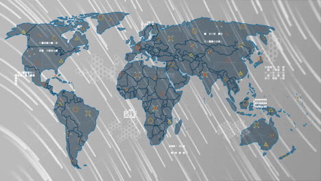 animation of world map with data processing over light trails on grey background