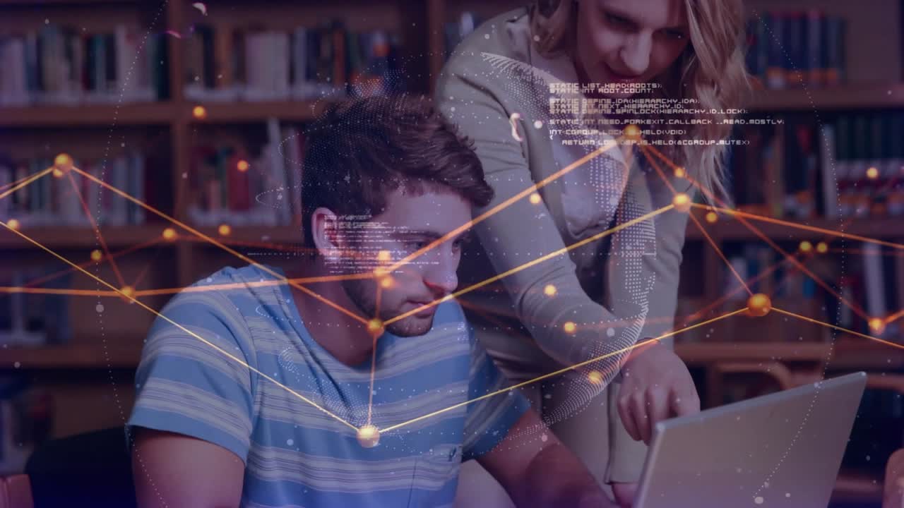 Man typing at laptop while woman pointing, network overlay growing, guiding peer coding session