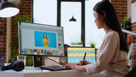 freelance designer works on a photo editing project in a remote office