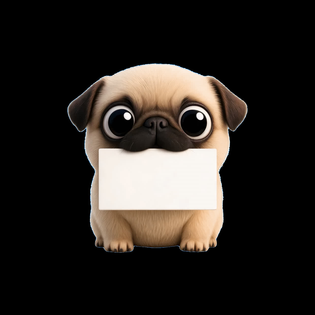 Cute pug holding blank card animation isolated asset, transparent 4K video, alpha channel, ProRes