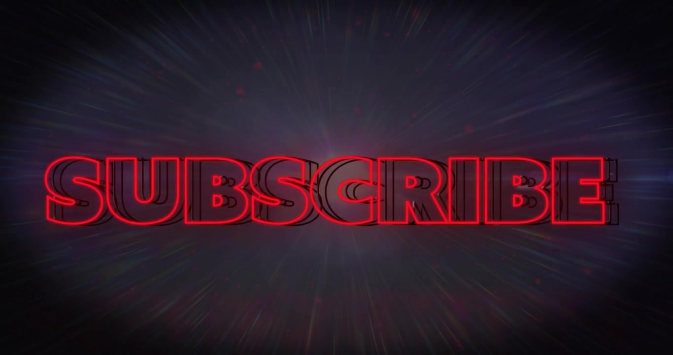 Close-up starting, camera pulling back revealing red neon 3D SUBSCRIBE pulsing, drawing focus