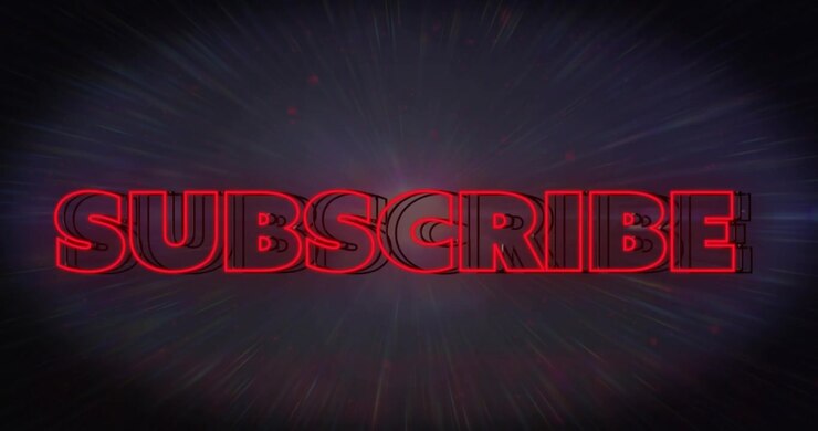 Close-up starting, camera pulling back revealing red neon 3D SUBSCRIBE pulsing, drawing focus