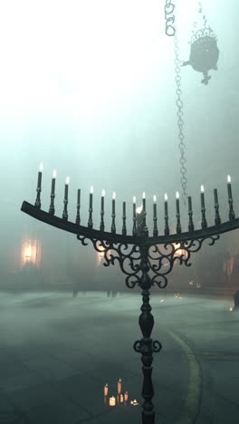 un interior de iglesia gótica con un gran candelabro y niebla