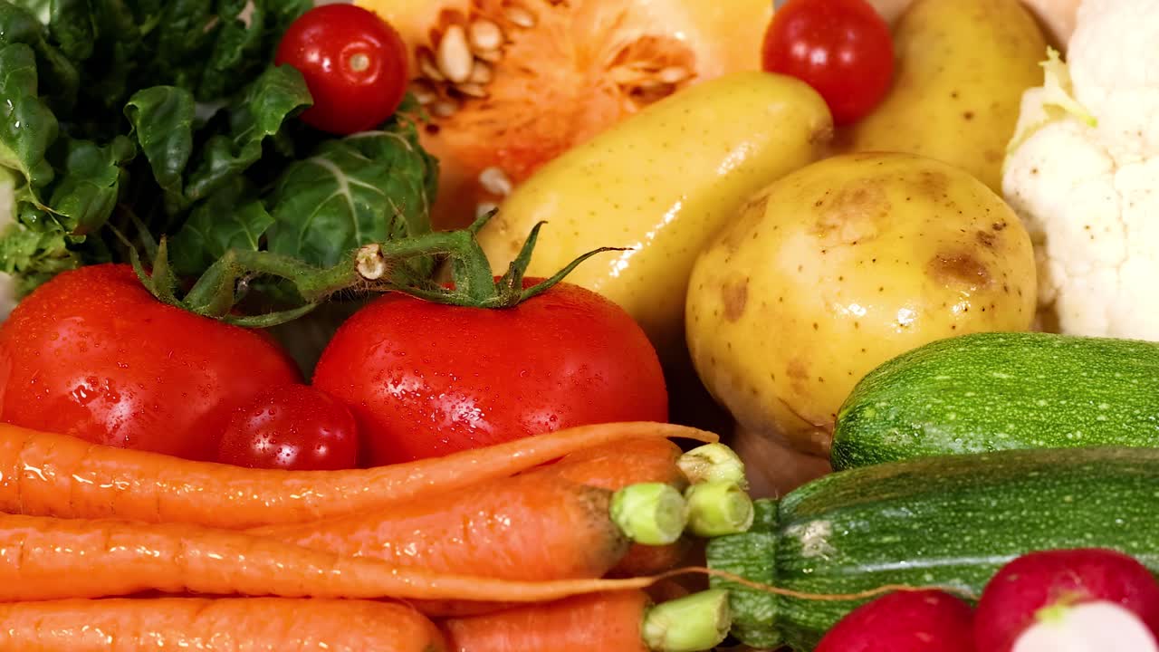 A colorful close-up of fresh vegetables including carrots, tomatoes, potatoes, and zucchini.