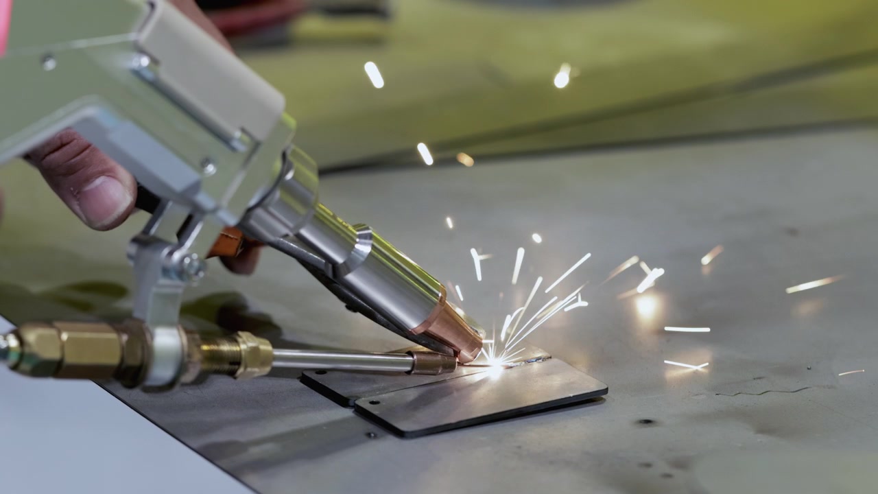 Primo piano del processo di saldatura laser industriale su piastra metallica