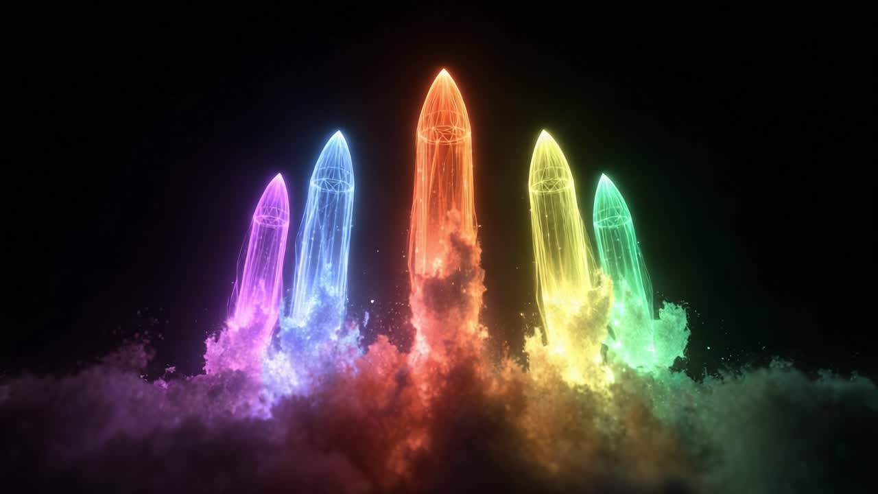 Colorful neon rockets with a glowing wireframe design launching upwards in unison, creating a vibrant plume of rainbow colored smoke and fiery particles against a dark background