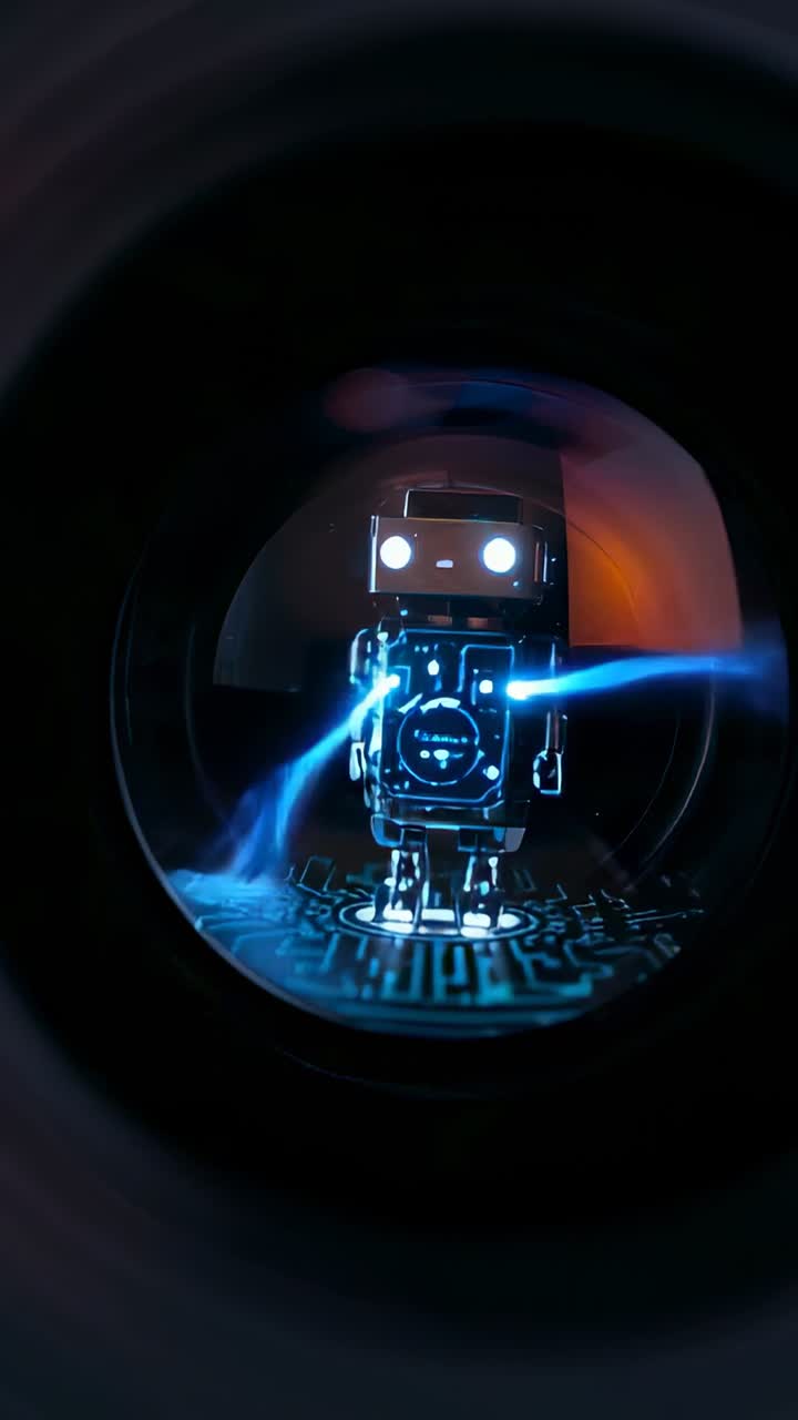 Vídeo vertical: Robot holográfico encendiéndose en una plataforma de carga que emite arcos azules en una cúpula cerca de un panel naranja
