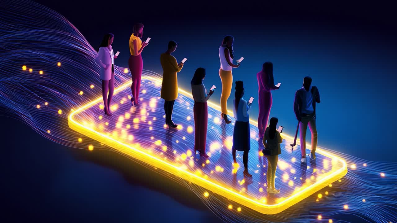 A Vibrant Showcase of Connectivity and Communication with a Diverse Group of Individuals Engaged in Digital Interactions on a Glowing Platform Surrounded by Dynamic Energy Flow