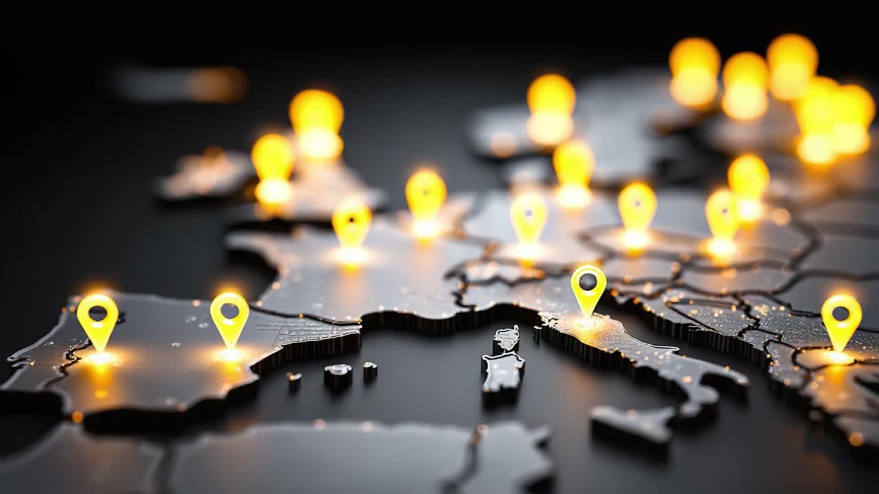 Detailed Overview of a Dark-Themed Map of Europe with Illuminated Location Pins, Highlighting Key Areas and Points of Interest Across the Continent