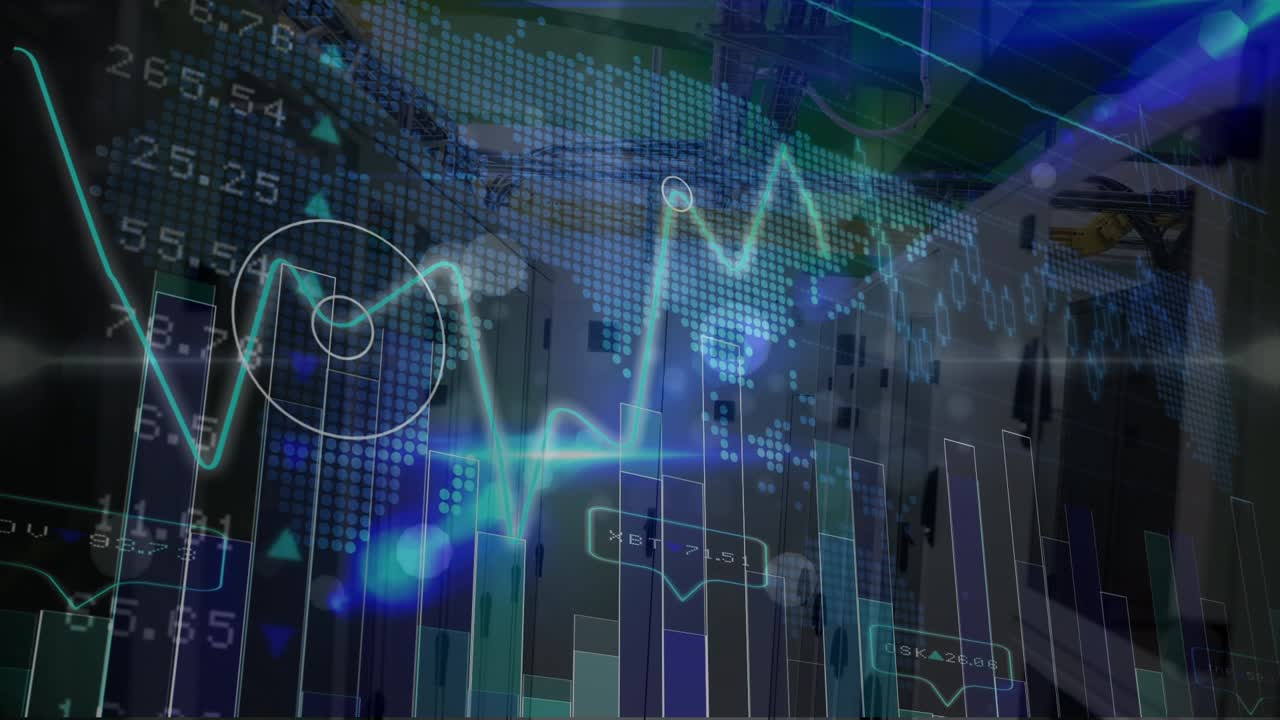 Animazioni di elaborazione di dati finanziari su sfondo scuro