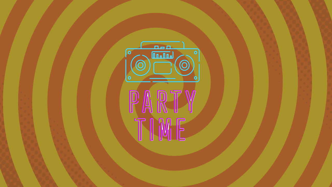 파티 시간 텍스트와 라디오 아이콘의 애니메이션 오렌지색 원 위에